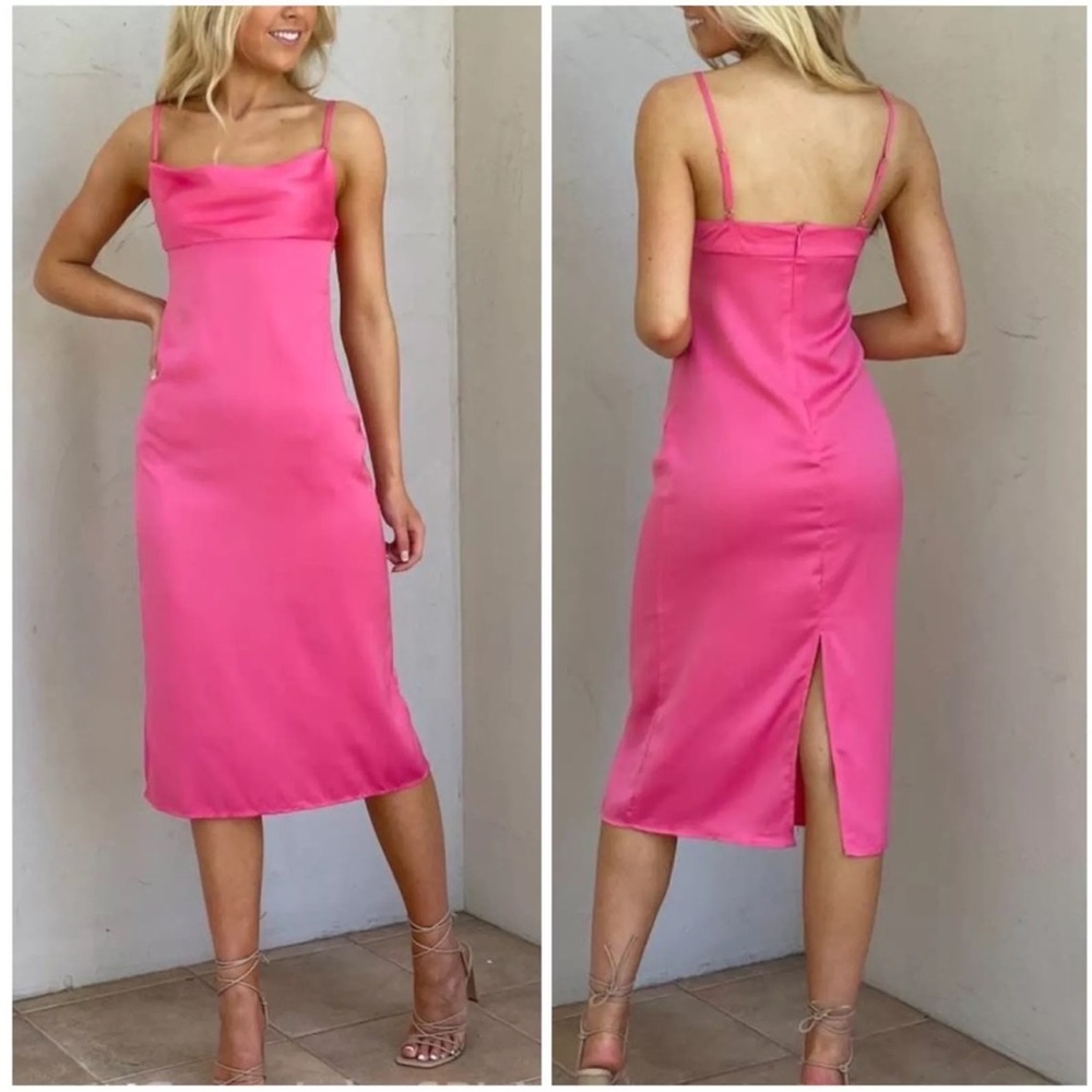 WeWoreWhat Revolve Satin Charmeuse Cowl Neck Midi Dress Zat Hot Pink Size 0
